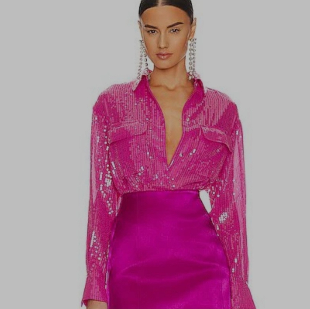 Steve Madden Pink Sequin Long Sleeve Top Button Down Shirt - Picture 4 of 5